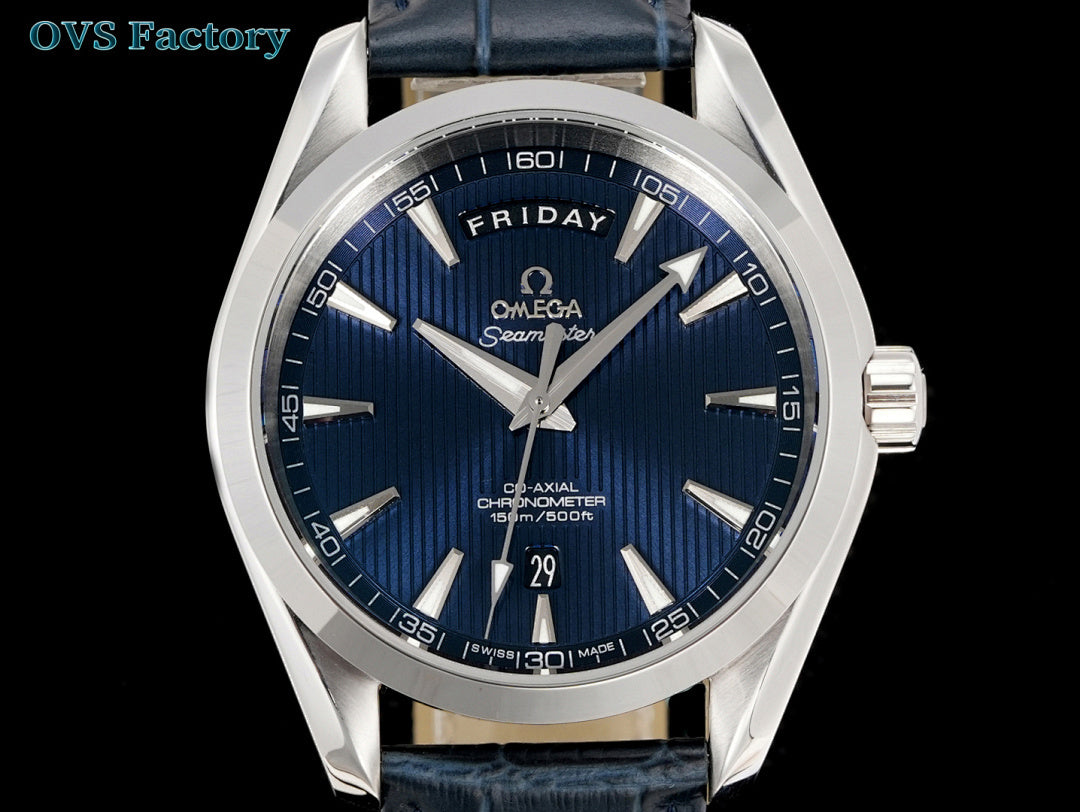 Stainless automatic wristwatch with blue dial and dark leather strap, day-date window.