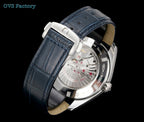 Automatic wristwatch side view with dark blue leather strap and exposed skeleton dial.