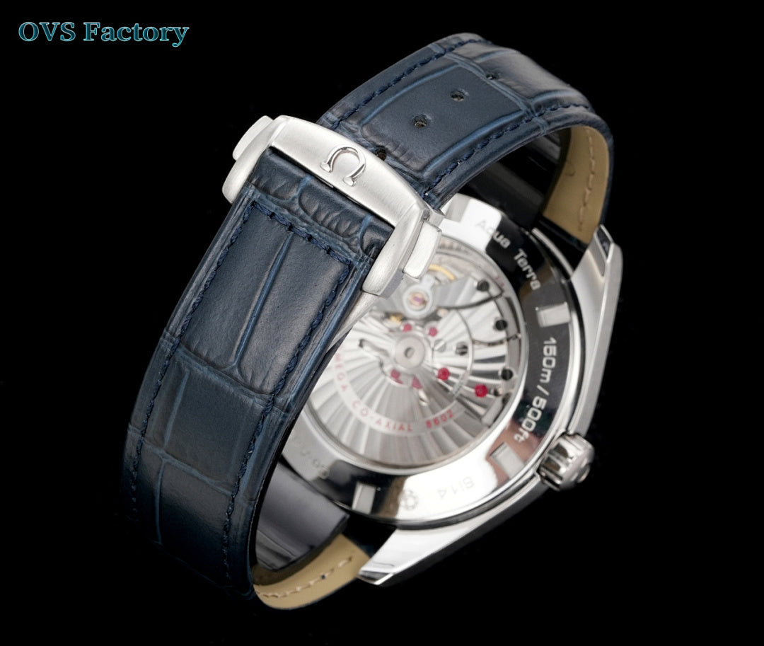 Automatic wristwatch side view with dark blue leather strap and exposed skeleton dial.