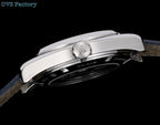 Omega wristwatch side profile with crown and dark blue leather strap.