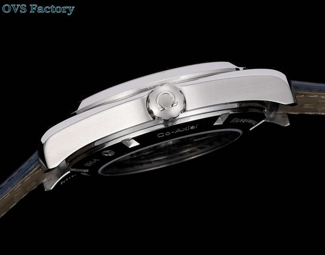 Omega wristwatch side profile with crown and dark blue leather strap.