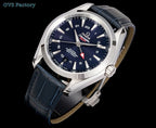 Omega wristwatch angled view with navy dial, silver bezel, dark blue leather strap.