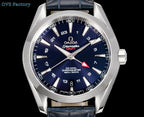 Omega wristwatch front view with navy dial, red accent triangle, dark blue leather strap.