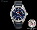 Omega wristwatch with navy dial, silver case, dark blue leather strap.