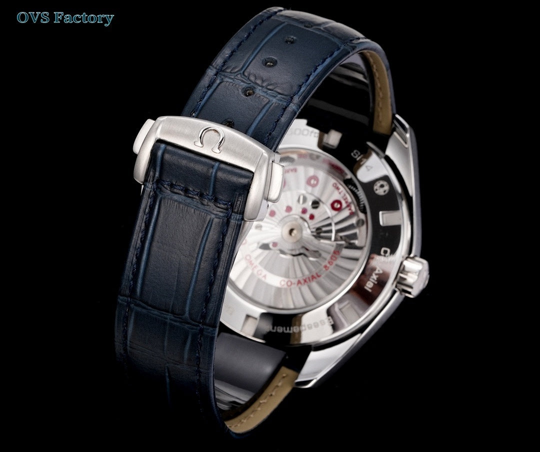 Omega wristwatch side view with navy dial and dark blue leather strap.