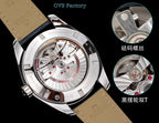 Omega wristwatch with visible movement through caseback and tan leather strap.