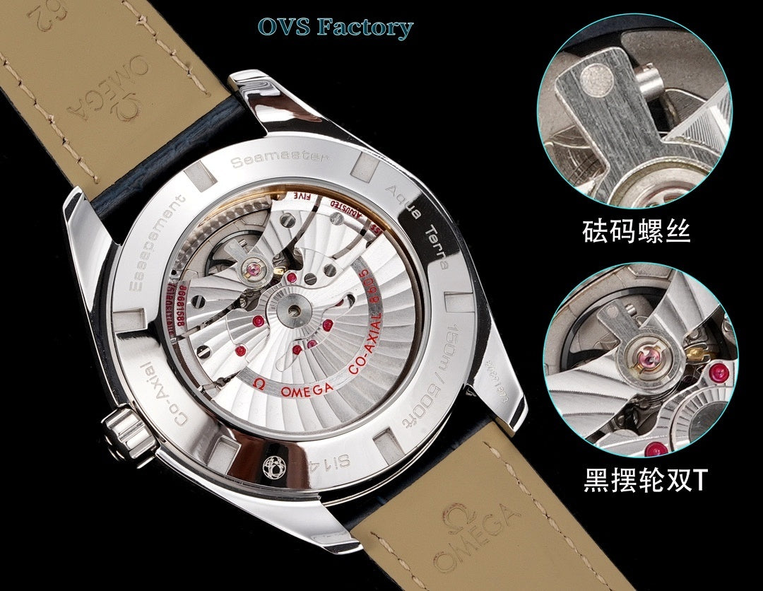 Omega wristwatch with visible movement through caseback and tan leather strap.