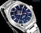 Analog wristwatch angled view with blue dial, stainless steel bracelet, and bezel markers.