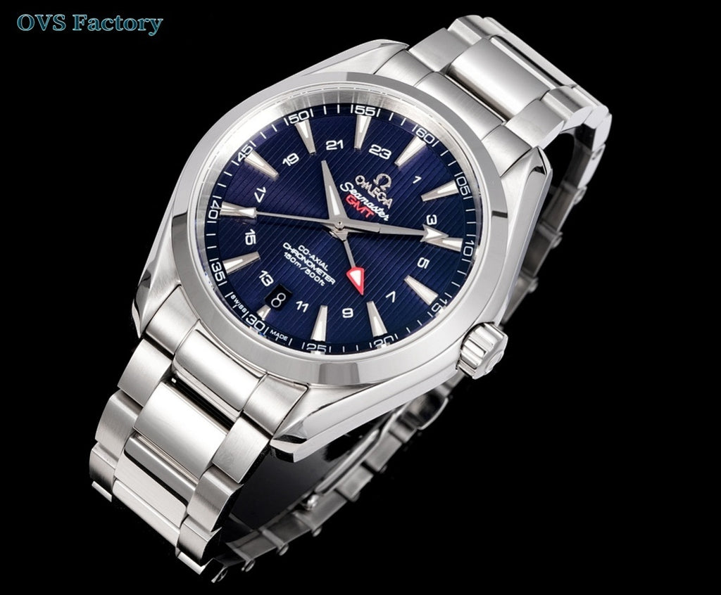 Analog wristwatch front angled view with blue dial, silver hour markers, and stainless steel strap.