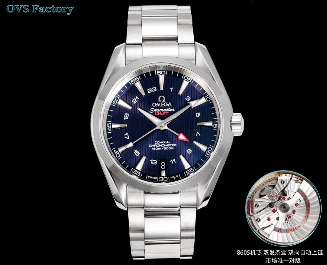 Analog wristwatch front view with stainless steel bracelet and blue dial, red seconds hand.