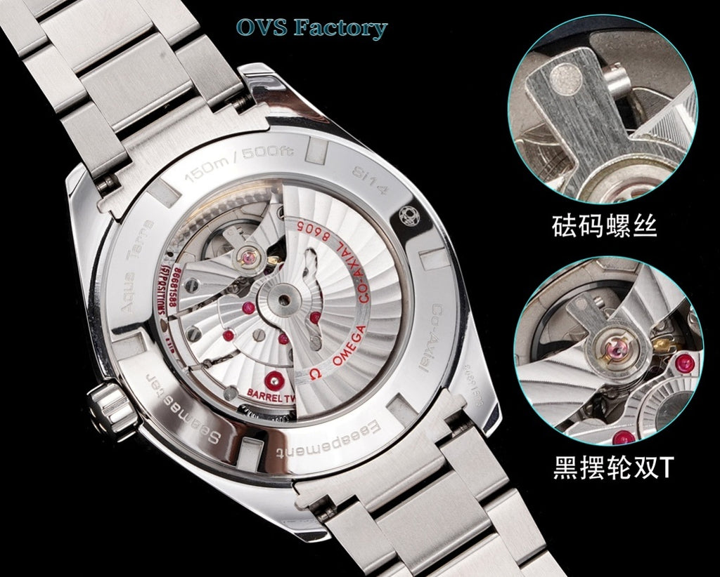 Analog wristwatch with stainless steel caseback view, showing mechanical movement inside.