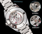 Analog wristwatch with stainless steel caseback view, showing mechanical movement inside.