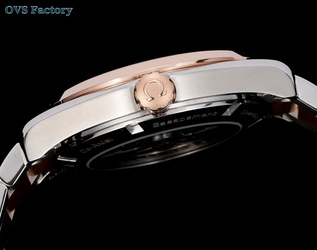 Omega Seamaster GMT watch crown side with rose-gold trim on a silver case