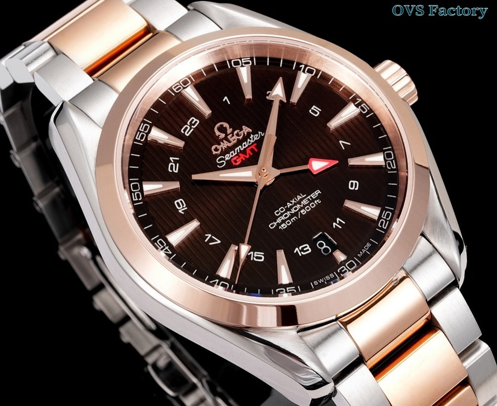 Two-tone Omega Seamaster GMT wristwatch angled view with dark dial and rose-gold hands
