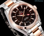 Two-tone Omega Seamaster GMT wristwatch angled view with dark dial and rose-gold hands