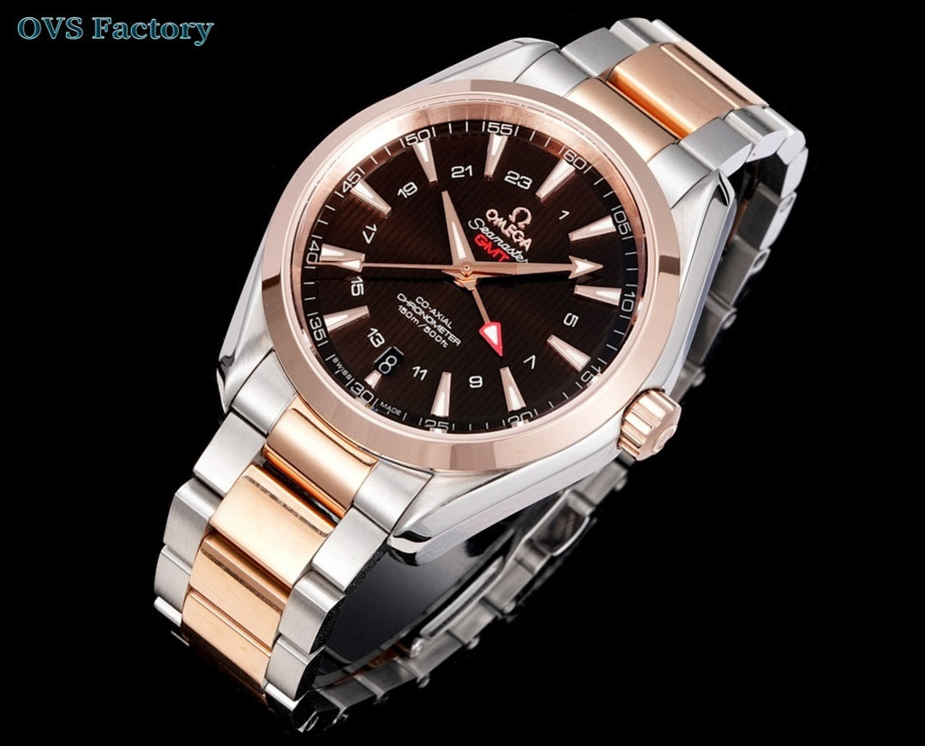 Two-tone Omega Seamaster GMT wristwatch angled front with dark dial and rose-gold bezel