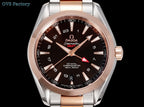 Omega Seamaster GMT wristwatch front with dark dial, rose-gold bezel, steel-and-rose band