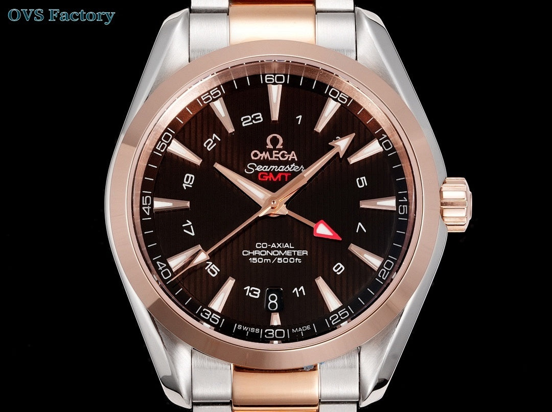 Omega Seamaster GMT wristwatch front with dark dial, rose-gold bezel, steel-and-rose band