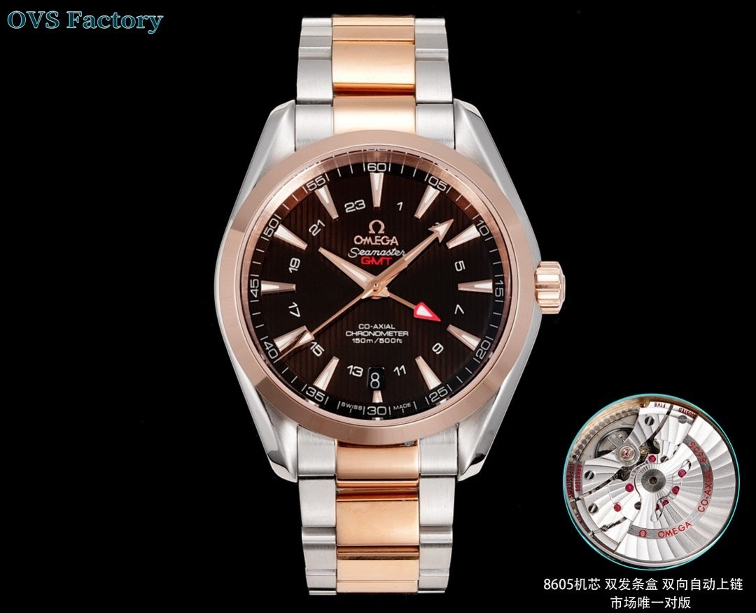 Two-tone Omega Seamaster GMT wristwatch with dark dial, rose-gold bezel, steel band