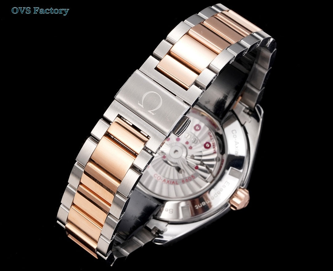 Two-tone Omega Seamaster GMT wristwatch side view with metal bracelet and rose-gold accents
