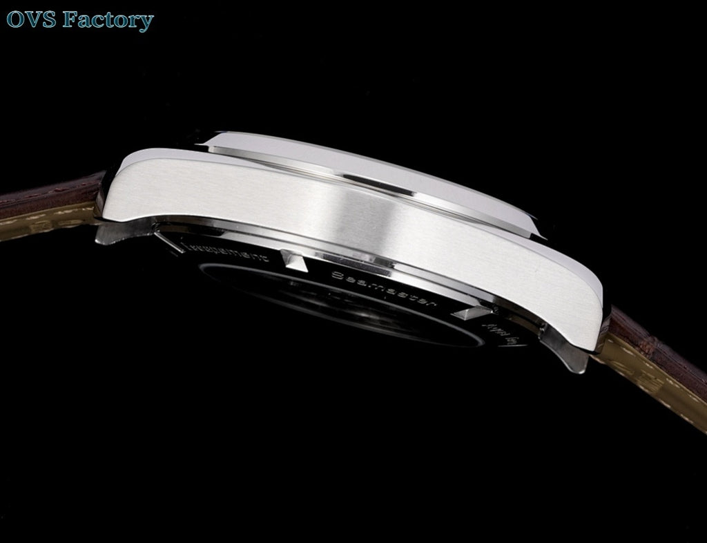 Omega Seamaster watch side profile, silver case and bezel, brown leather strap.