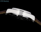 Omega Seamaster watch side profile, silver case and bezel, brown leather strap.