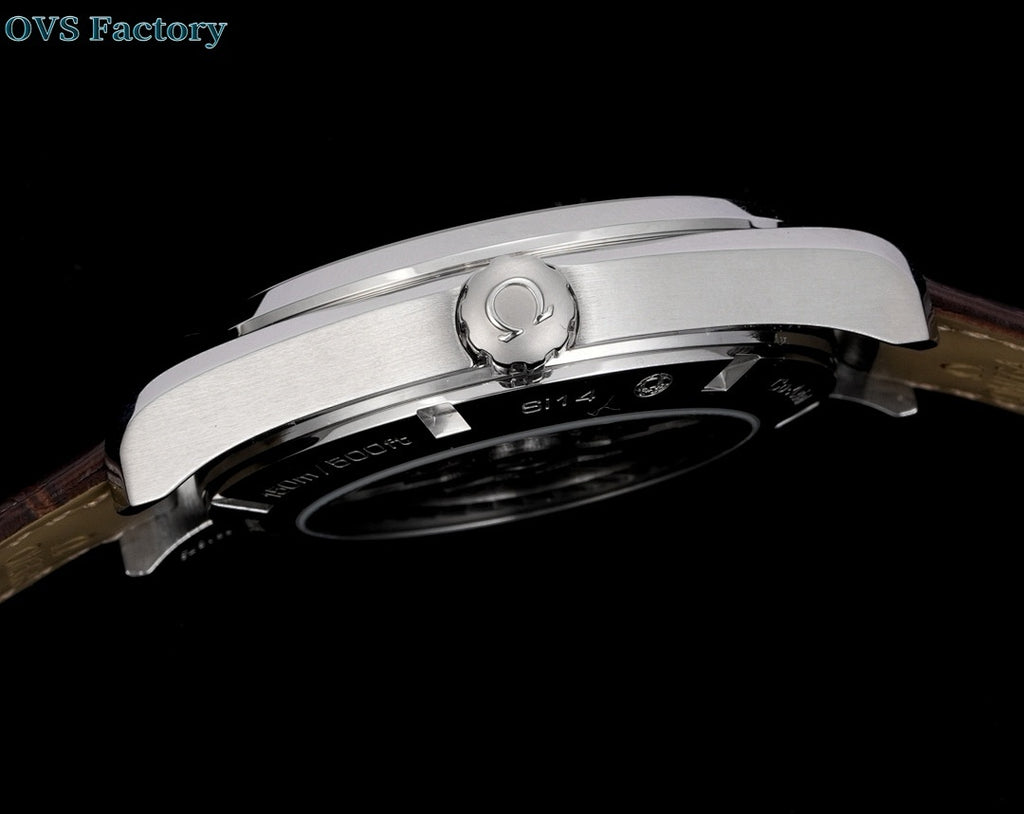 Omega Seamaster watch top profile, silver bezel and crown, brown leather strap.