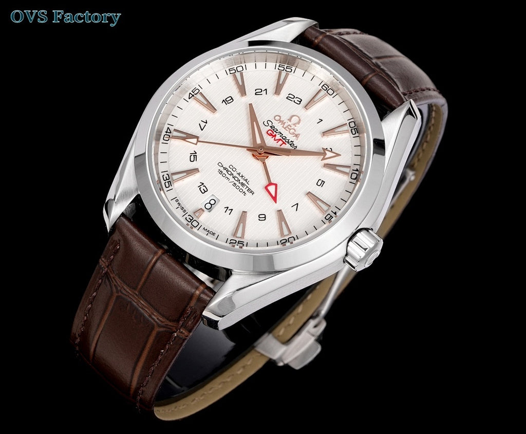 Omega Seamaster watch angled front, white dial, brown leather strap, silver case and crown.