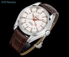 Omega Seamaster watch angled front, white dial, brown leather strap, silver case and crown.