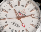 Omega Seamaster watch close-up, white dial with gold-tone hands and hour markers.