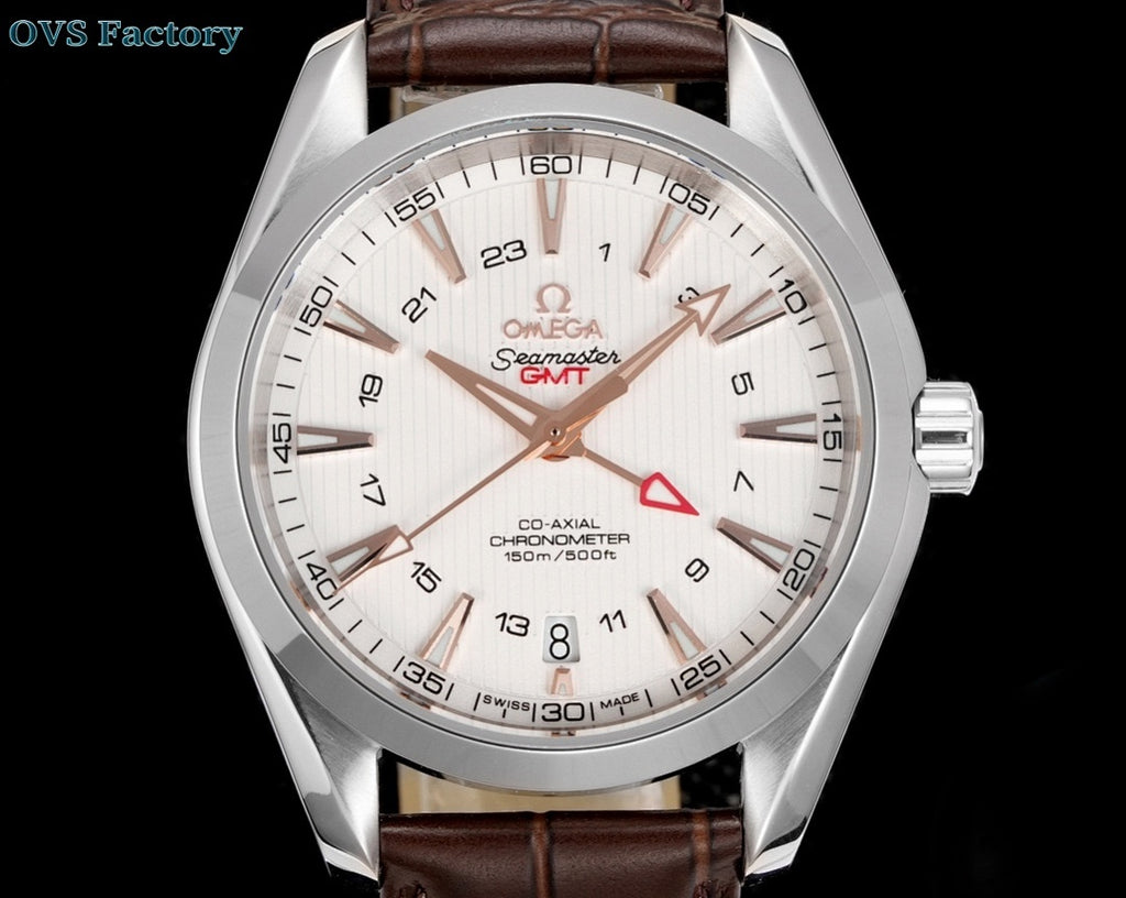 Omega Seamaster watch front view, white dial, brown leather strap, silver case.
