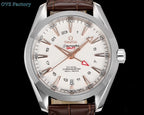 Omega Seamaster watch front view, white dial, brown leather strap, silver case.