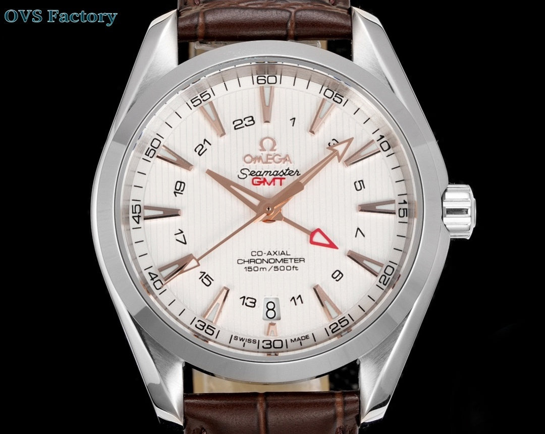 Omega Seamaster watch front view, white dial, brown leather strap, silver case.