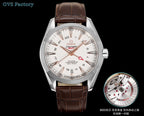 Omega Seamaster watch with white dial, brown leather strap, silver case and side crown.