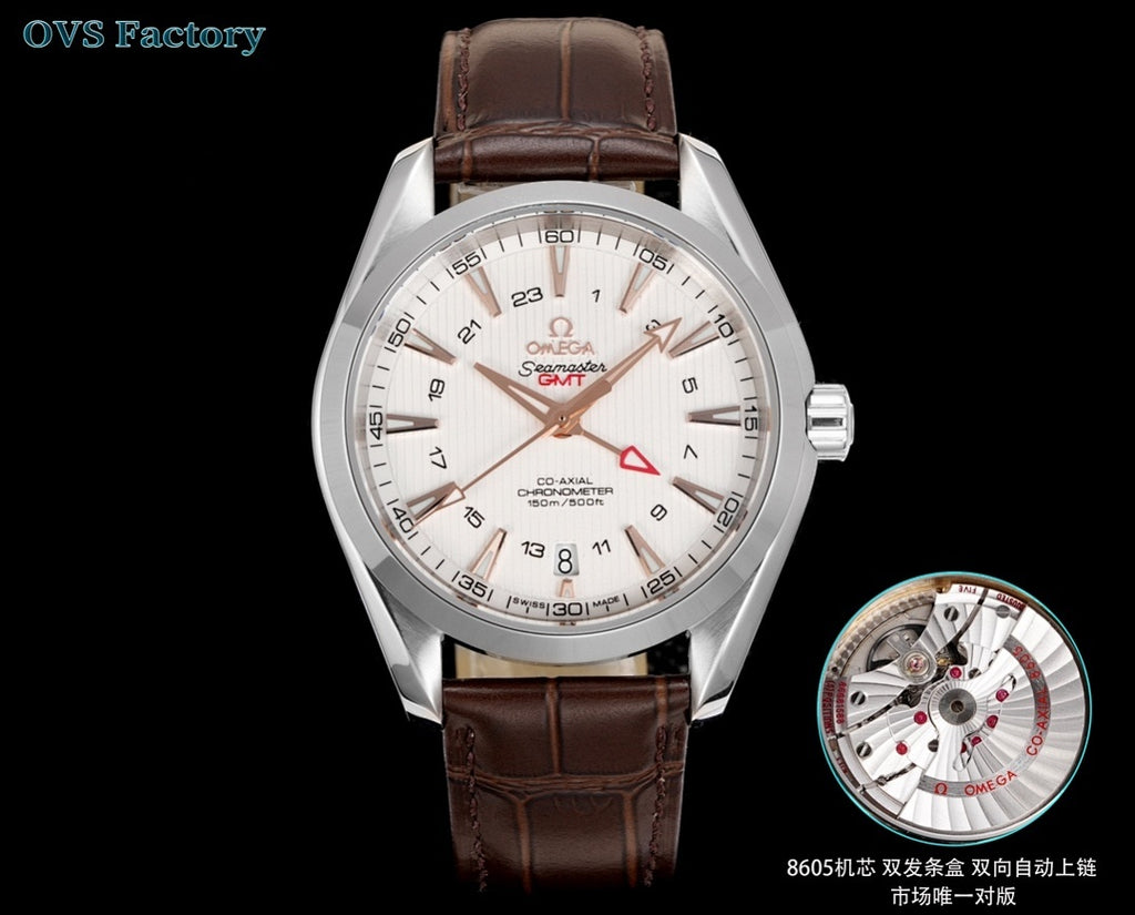 Omega Seamaster watch with white dial, brown leather strap, silver case and crown.