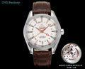 Omega Seamaster watch with white dial, brown leather strap, silver case and crown.