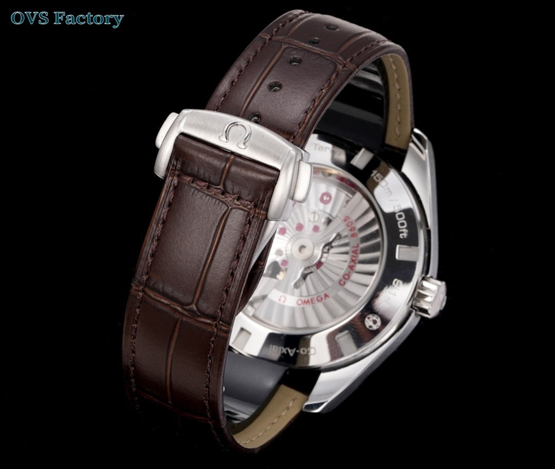 Omega Seamaster watch, white dial with visible movement, brown leather strap, silver case.