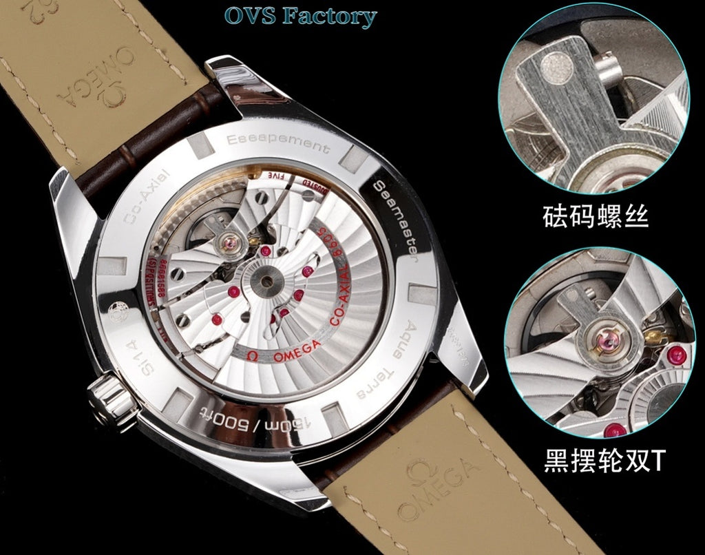 Omega Seamaster watch with white dial and brown leather strap, silver case, angled view.