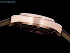 Omega wristwatch rose-gold case profile with polished bezel edge.