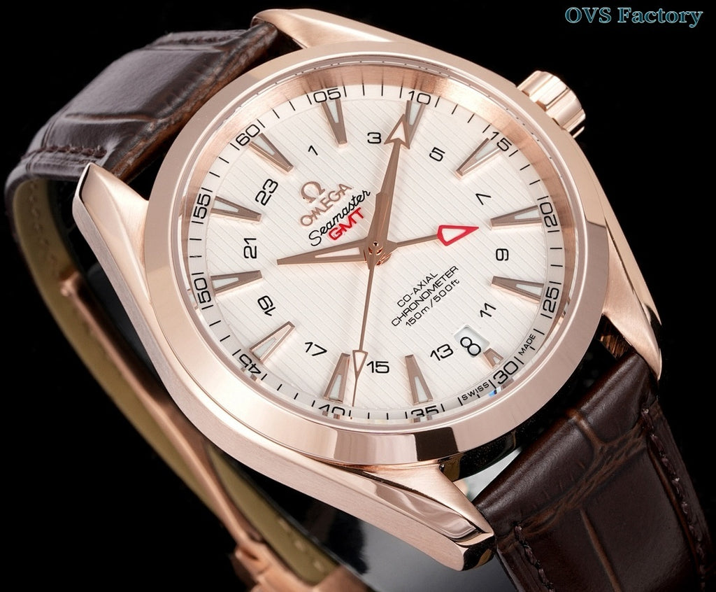 Omega wristwatch with white dial, red hand accents, and brown leather strap.