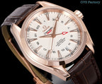 Omega wristwatch with white dial, red hand accents, and brown leather strap.