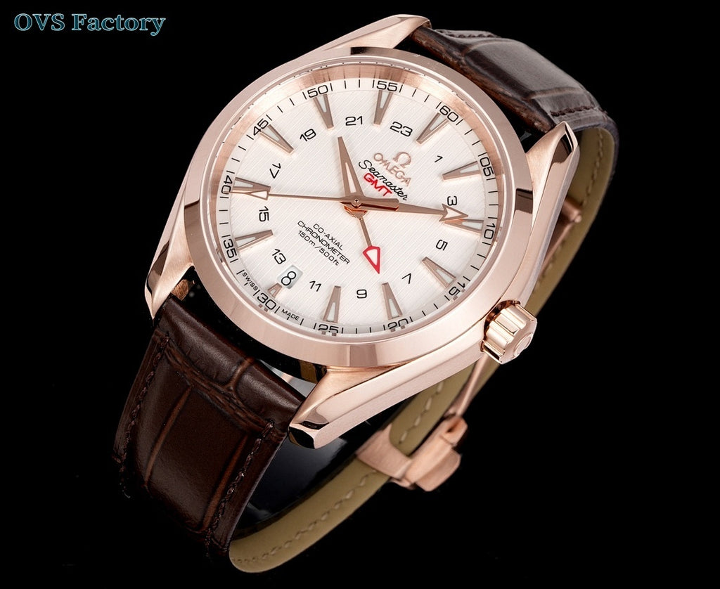 Omega wristwatch with white dial, rose-gold case, and brown leather strap.