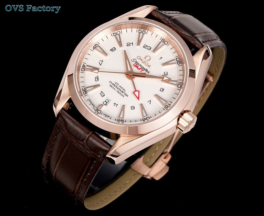 Omega wristwatch with white dial, rose-gold case, and brown leather strap.