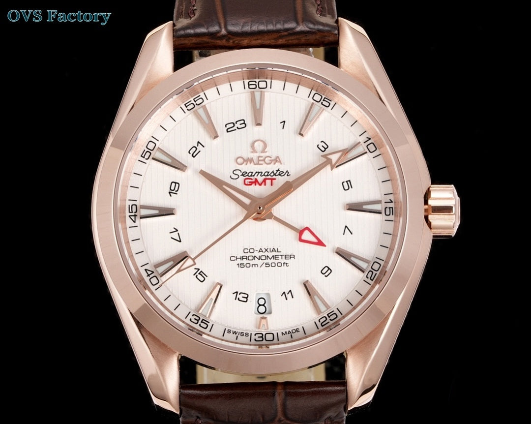 Omega wristwatch front view with white dial, rose-gold case, and brown leather strap.