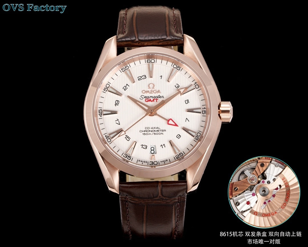 Omega wristwatch front view with white dial, rose-gold case, and brown leather strap.