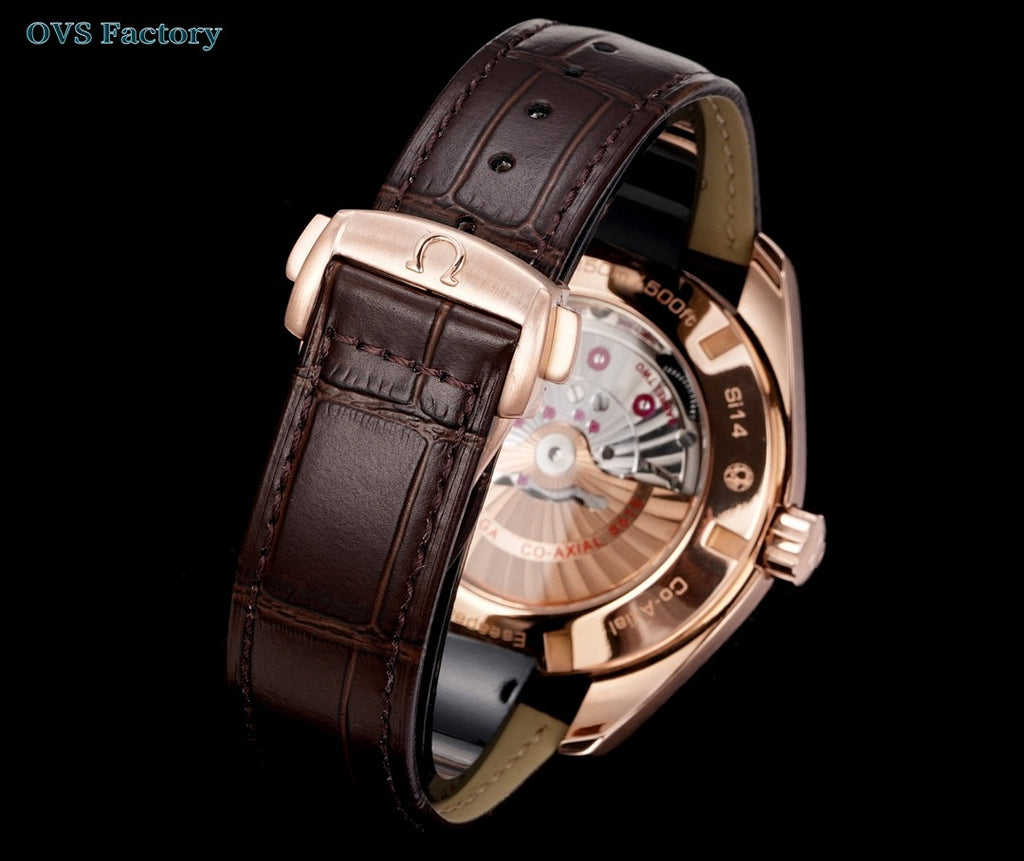 Omega wristwatch with rose-gold side profile, visible movement, and brown leather strap.