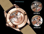 Omega wristwatch with open case showing multicolor movement and tan leather strap.