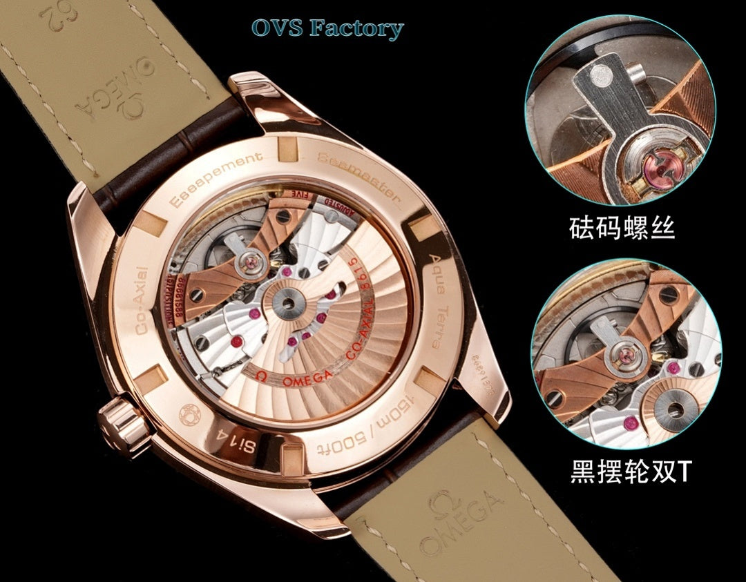 Omega wristwatch with open case showing multicolor movement and tan leather strap.