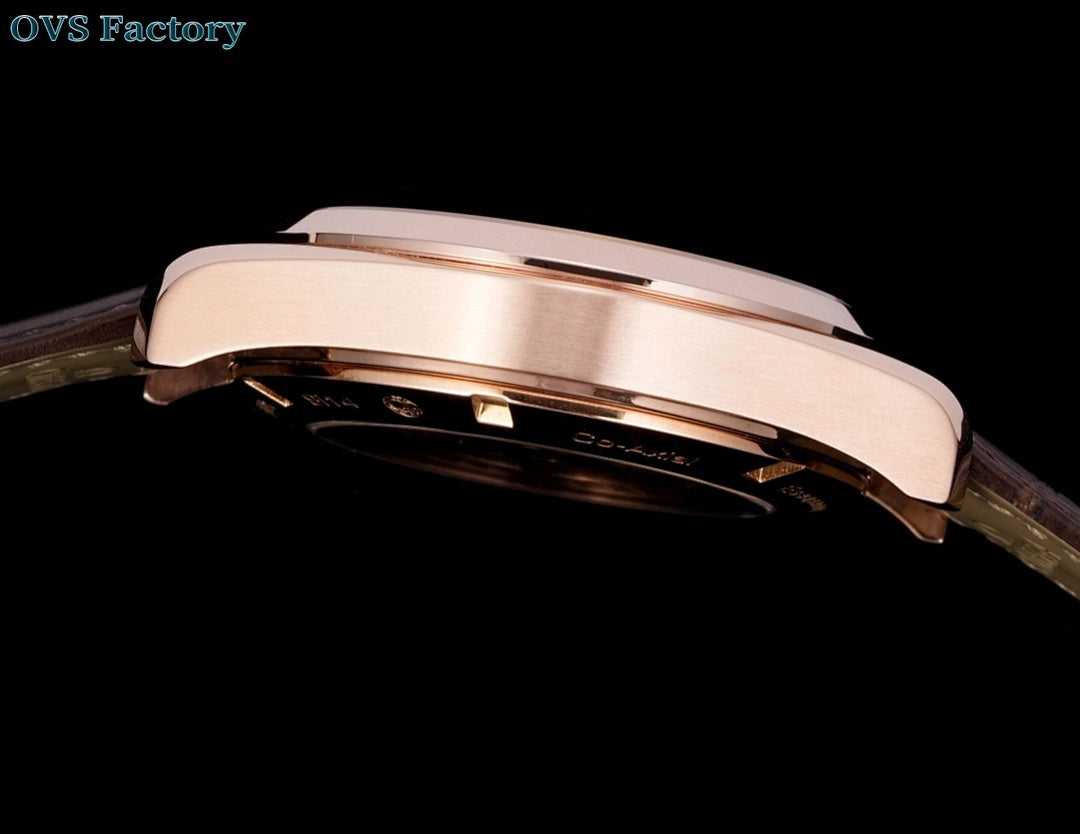 Omega watch with rose gold case and crown, brown strap edge, side profile