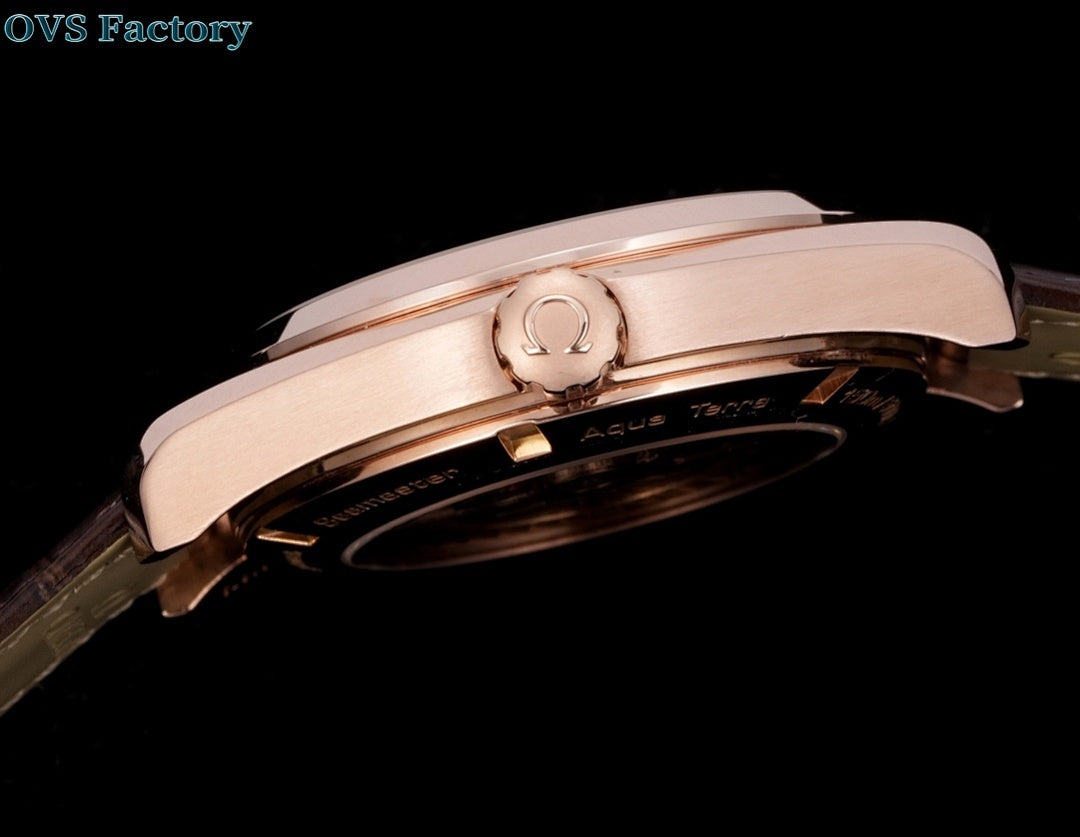 Omega watch case underside with rose gold finish and brown leather strap